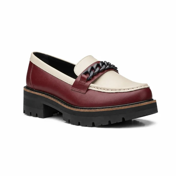 Women's leather loafer in dark burgundy with cream apron and braided detail
