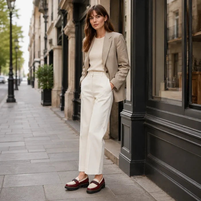 Women's loafers with dark burgundy and cream panels, chunky tread heel