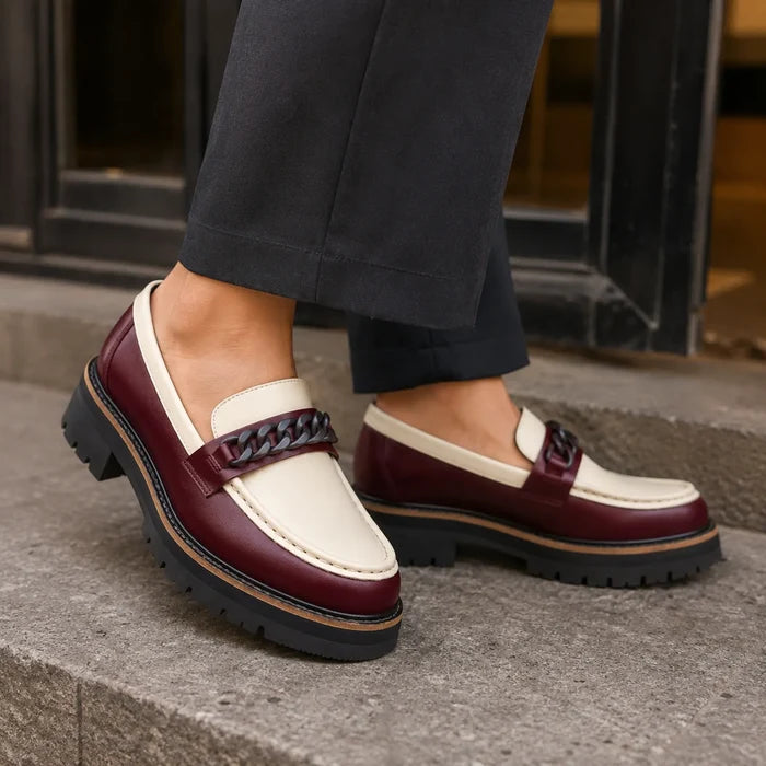 Women's burgundy leather loafer with cream vamp and braided lace detail
