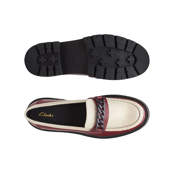 Women's leather loafer sole with burgundy upper and cream trim