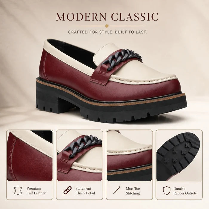 Women's leather platform loafer in dark burgundy with cream panel and chunky rubber sole