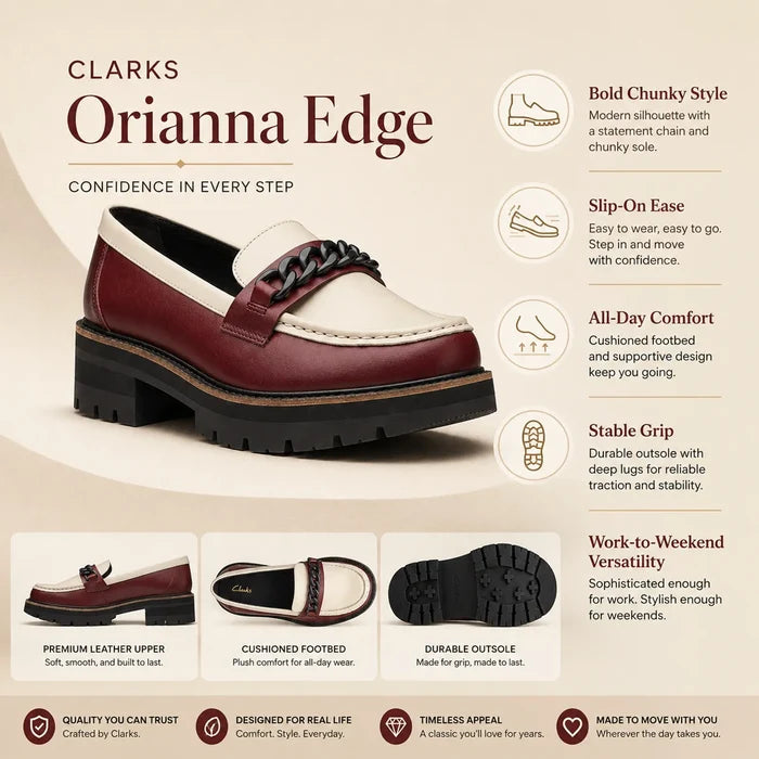Women's burgundy and cream leather loafer with chunky sole and woven front strap