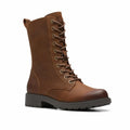 Brown leather lace-up women’s boots with padded collar and chunky rubber sole