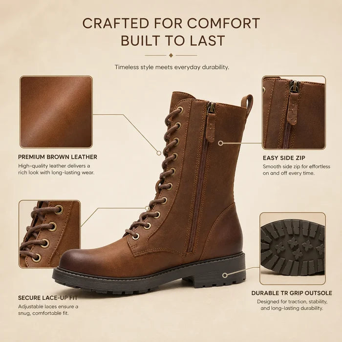 Brown leather lace-up boots with side zip and textured tread outsole