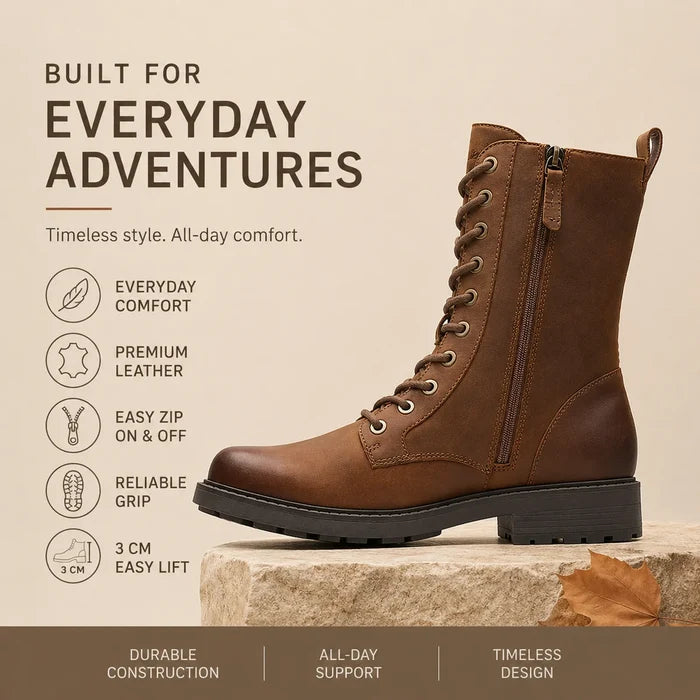 Brown leather lace-up ankle boots with side zip and grippy rubber sole