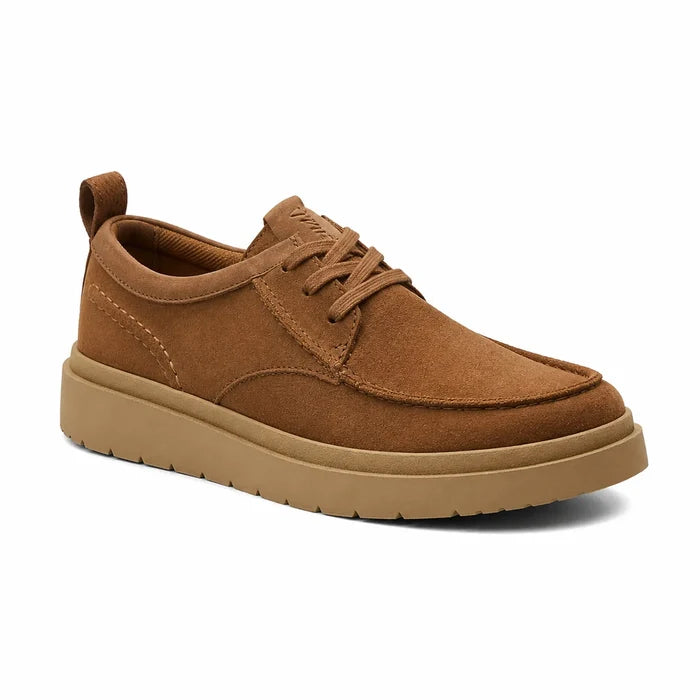 Men's dark brown suede moc toe loafers with lace-up front and cushioned rubber sole