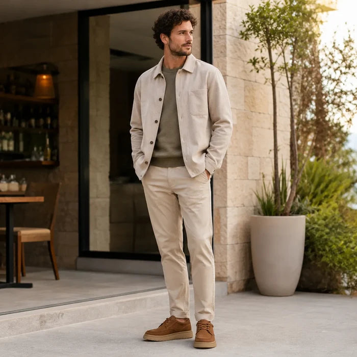 Dark brown suede lace-up loafers on feet with light pants