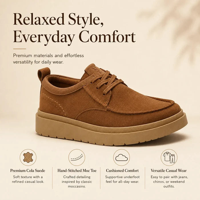 Men's dark brown suede lace-up moc loafers with cushioned rubber sole