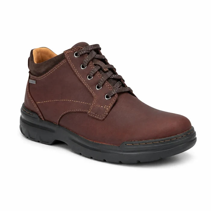 Men's brown leather lace-up ankle boots with padded collar and dark rubber sole