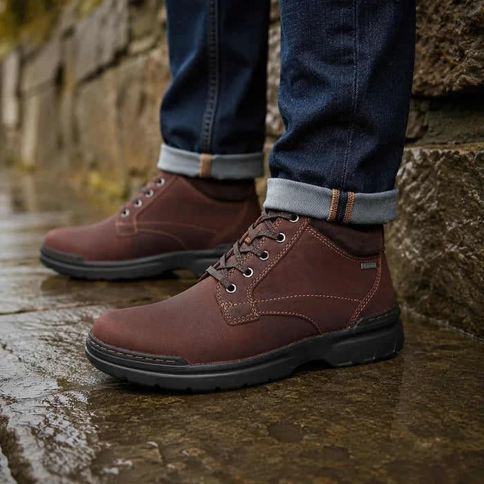 Men's brown leather lace-up ankle boots with rugged tread sole