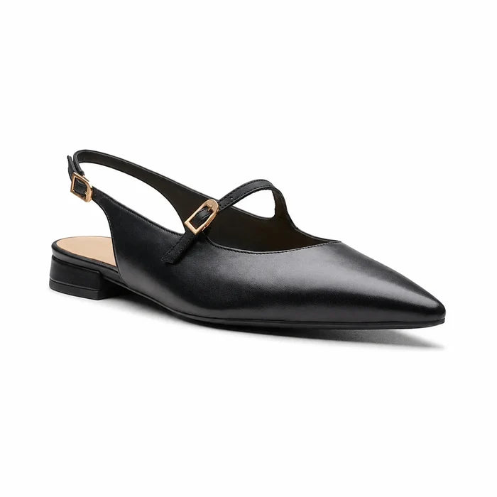 Women's black pointed-toe sandals with adjustable buckle ankle strap and low block heel