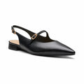 Women's black pointed-toe sandals with adjustable buckle ankle strap and low block heel