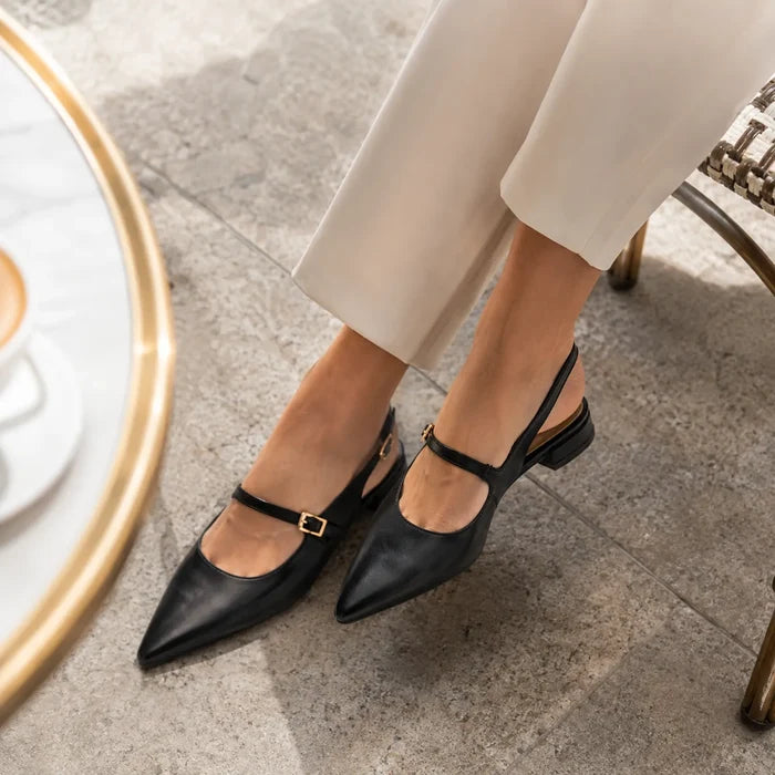 Women's black pointed-toe sandals with two-piece buckle strap and low block heel