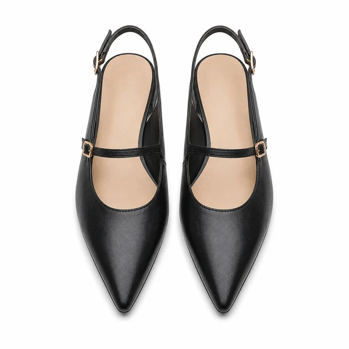 Pair of women's black pointed-toe slingback sandals with buckle strap and low block heel