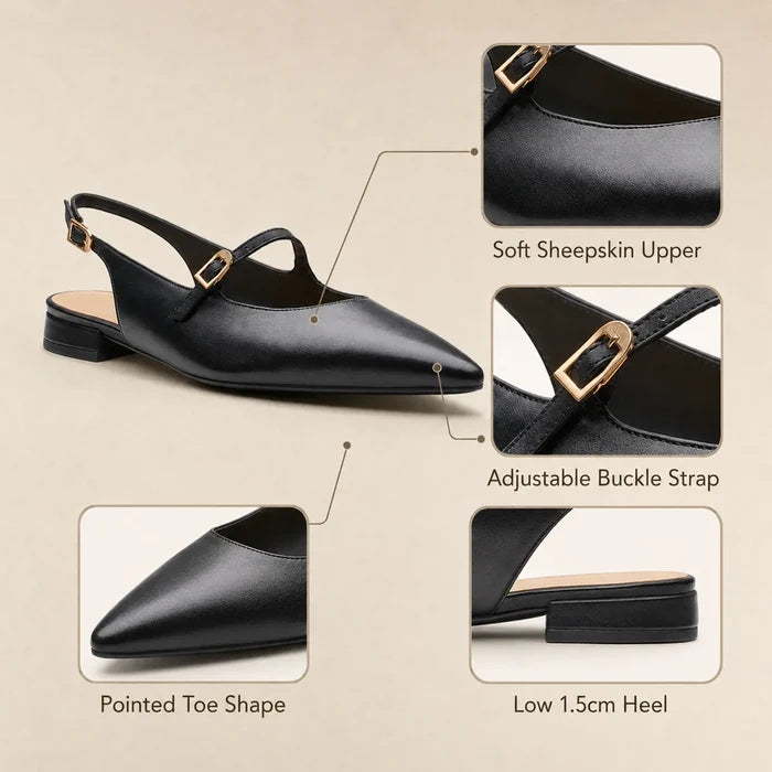 Women's black pointed-toe sandals with adjustable buckle strap and low block heel