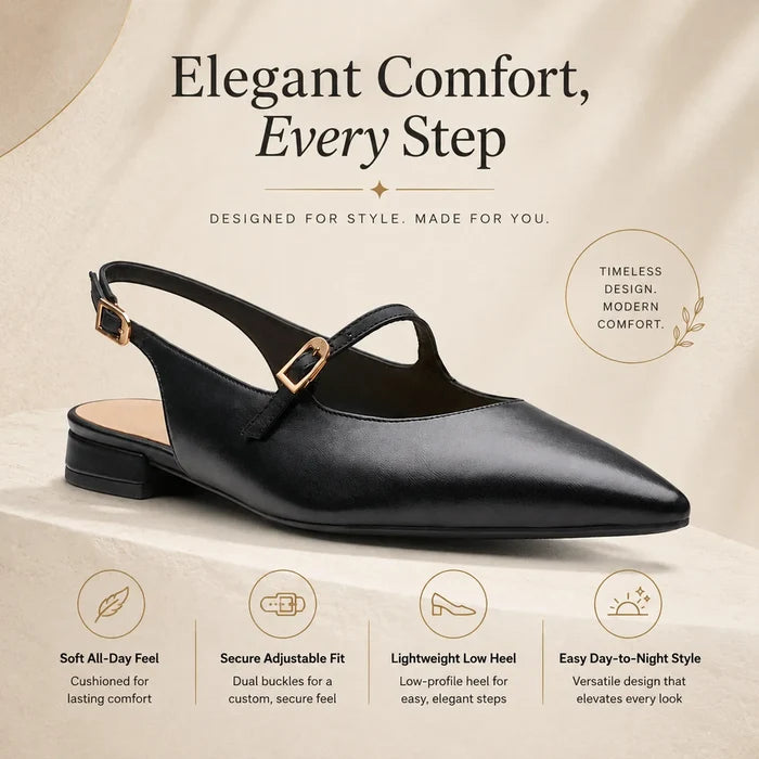 Women's black pointed-toe slingback sandals with buckle strap and low block heel