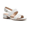 White leather strap sandals with ankle buckle and low block heel