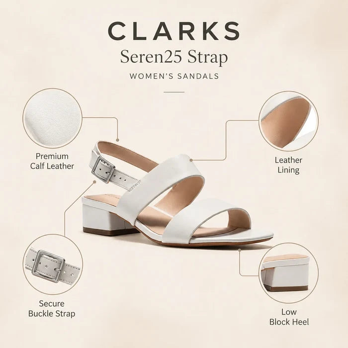 White leather strap sandals diagram with ankle buckle and low block heel