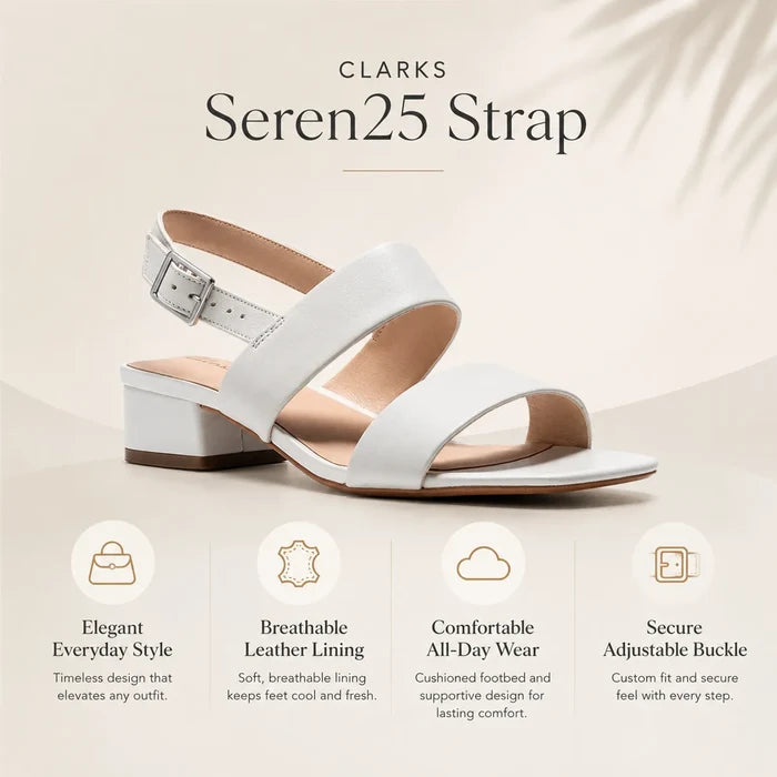 White leather strap sandals with ankle buckle and low block heel, open toe