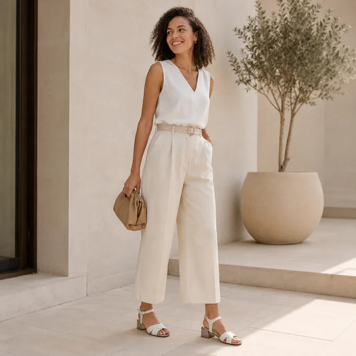 Women's white strappy sandals with ankle strap and chunky block heel worn with pants