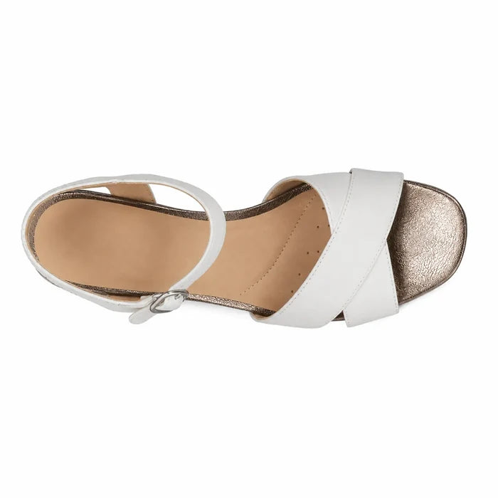 Women's white leather sandals with two straps, ankle buckle, and brown block heel