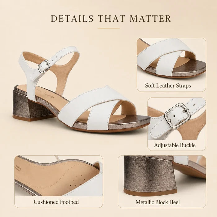 Women's white strappy sandals with ankle buckle and cushioned footbed, block heel
