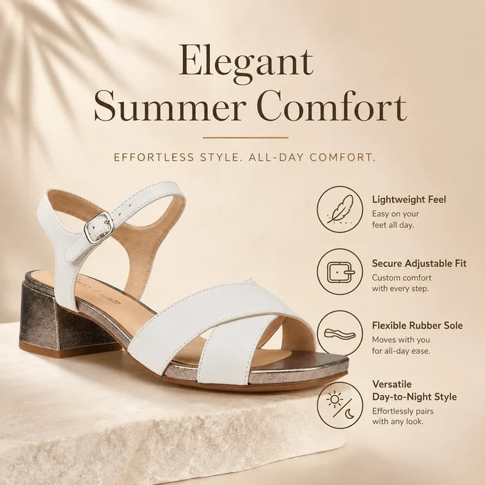 Women's white strappy sandals with ankle buckle and chunky block heel