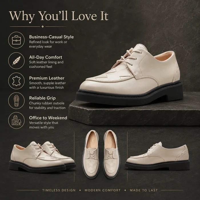 Women’s white leather lace-up business shoes with textured paneling and chunky rubber sole