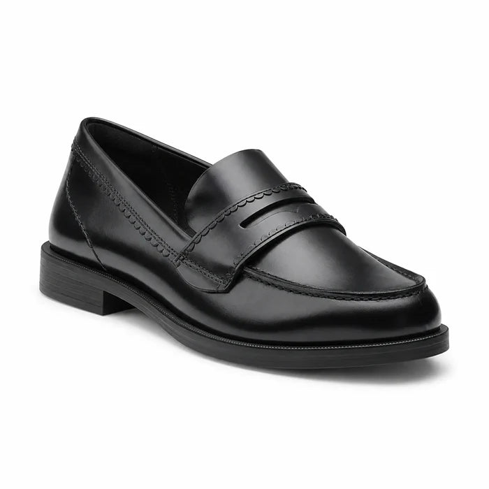 Black leather loafers with penny-style strap and stitched detailing, low block heel