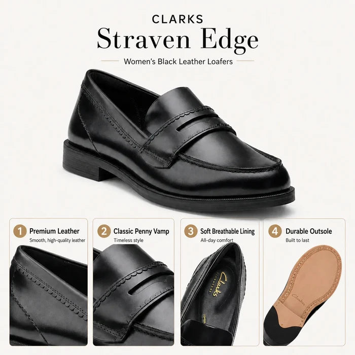 Black leather loafers with penny-style vamp strap and low block heel