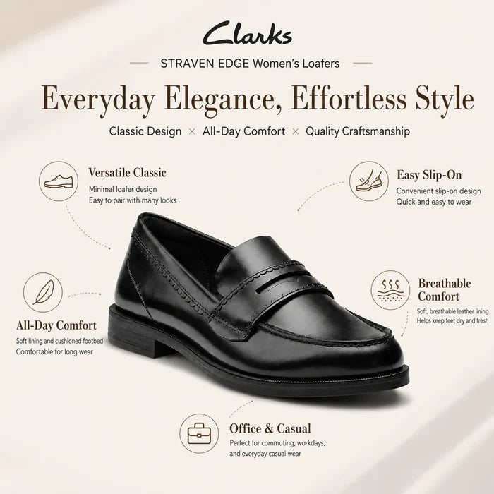 Black leather penny loafers, front 3/4 view with stitched trim and low heel