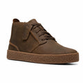Men's khaki mid-cut lace-up boots in nubuck with cushioned collar and textured sole.