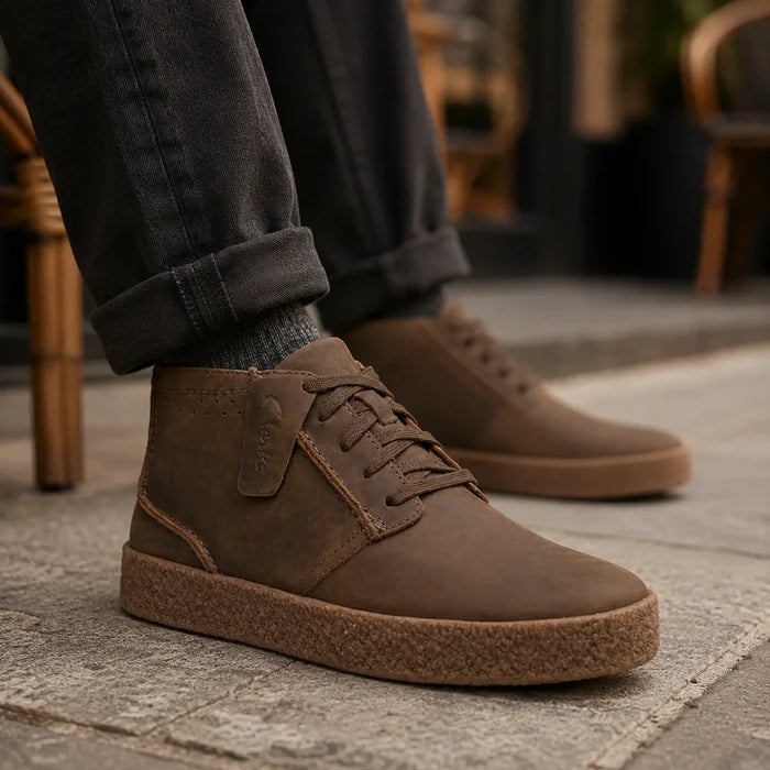 Men's khaki nubuck mid-cut boots with lace-up front, side strap, and thick textured sole.