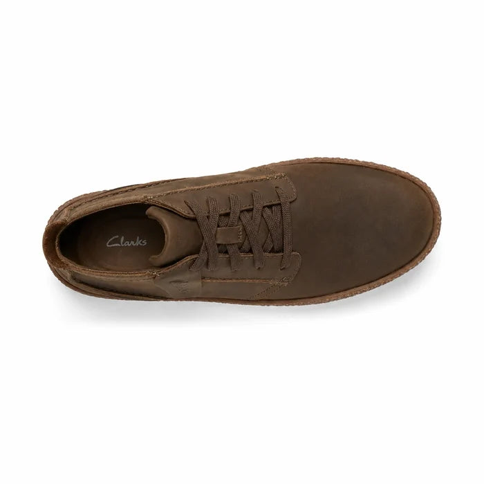 Men's khaki nubuck mid-cut lace-up boots with padded tongue and stitched apron.