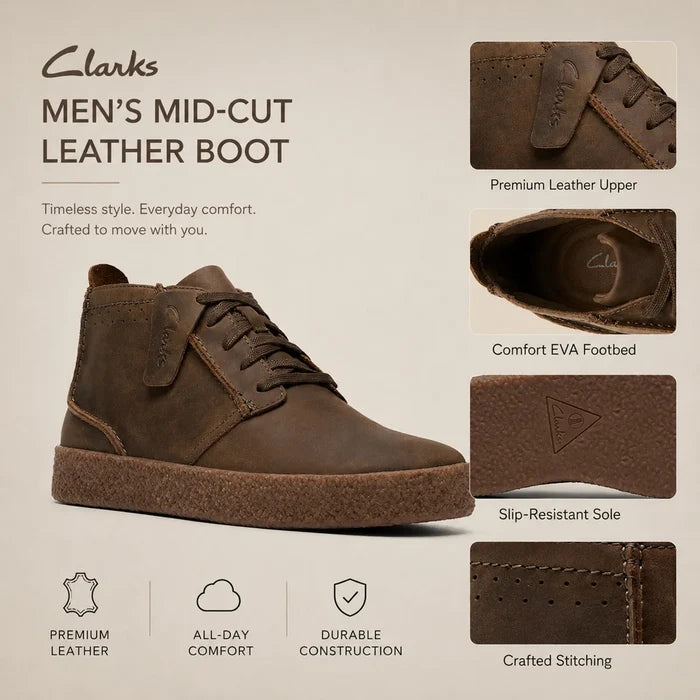 Men's khaki mid-cut leather boots with lace-up closure, comfort footbed, and slip-resistant outsole.