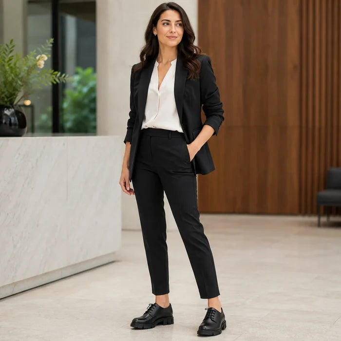 Black leather lace-up business shoes worn with tailored trousers and low block heels.