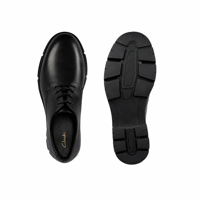 Black leather lace-up shoes shown front and sole views with block heel.