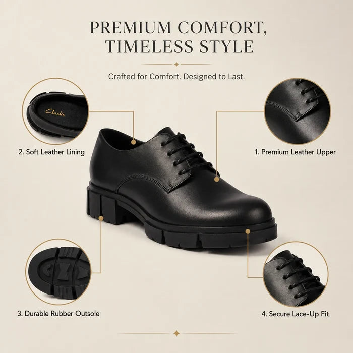 Black leather lace-up shoe with low block heel, rubber outsole, and secure fit.