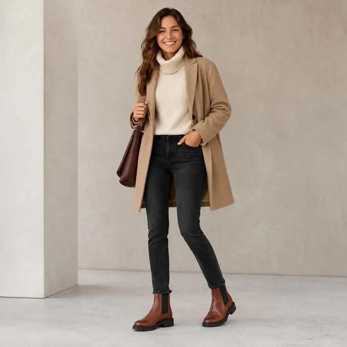 Brown Chelsea boots on a woman, elastic side panels and treaded sole