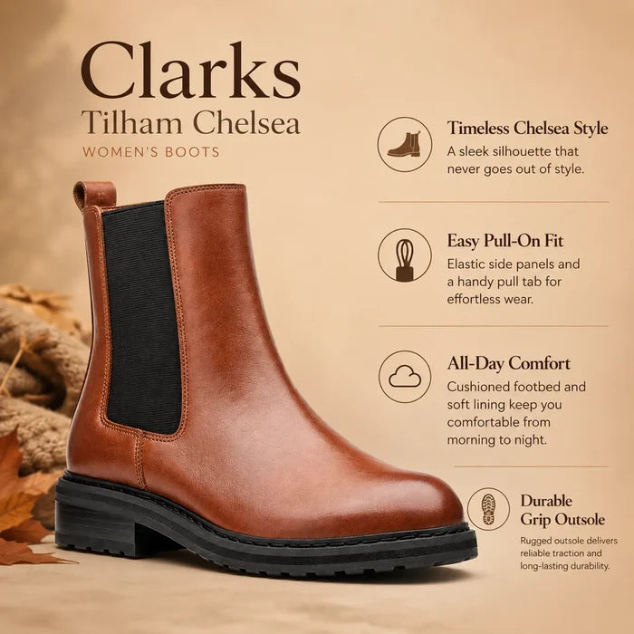 Brown leather Chelsea boot with elastic side panel and chunky tread outsole