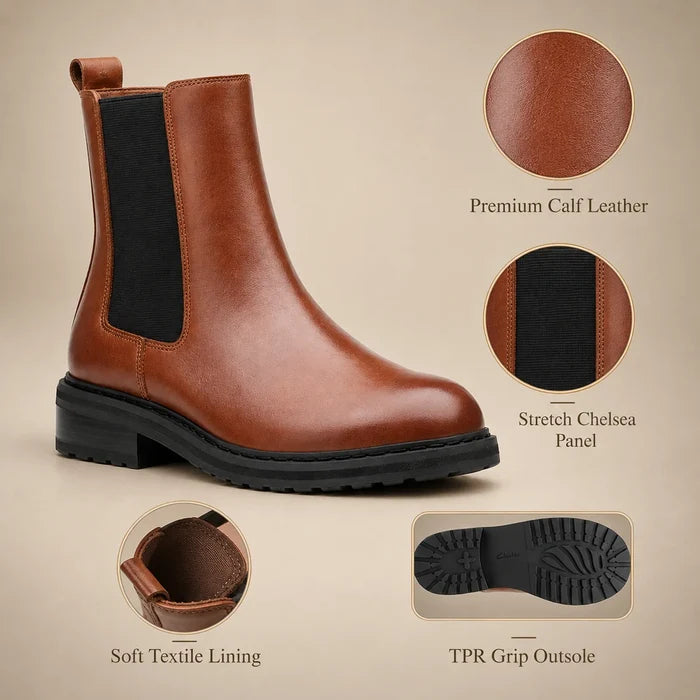 Brown calf leather Chelsea boot with black elastic stretch panel and tread sole