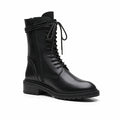 Lace-up leather ankle boots in black with thick rubber sole and padded collar.