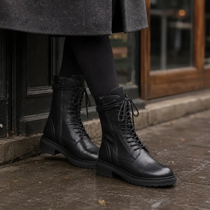 Black leather lace-up ankle boots with rugged tread sole and ankle-length shaft.