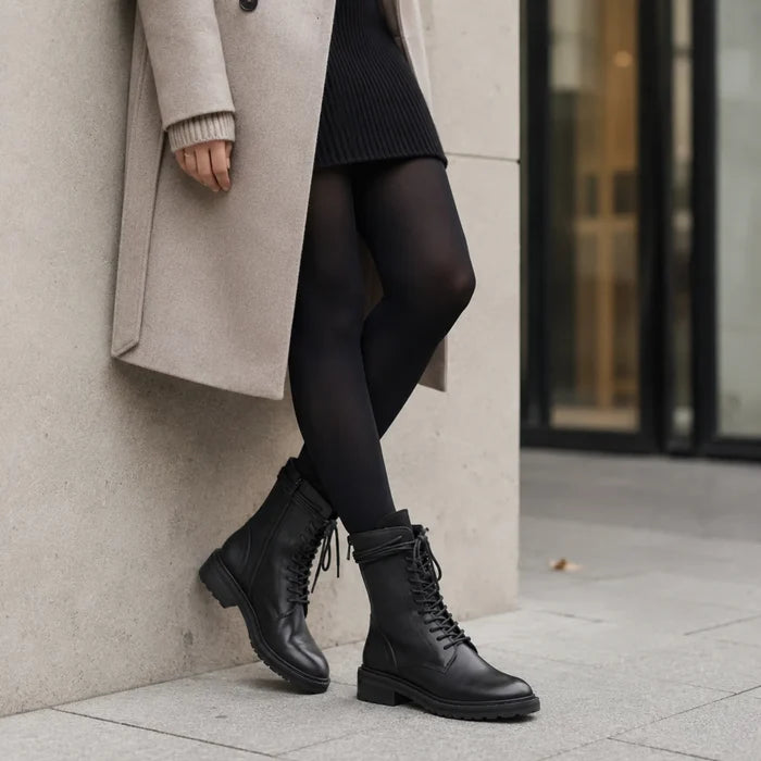Black leather lace-up ankle boots with round toe and chunky gripped sole.