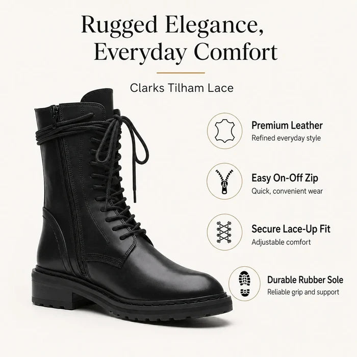 Black leather lace-up ankle boots with quick on/off side zip and durable rubber sole.