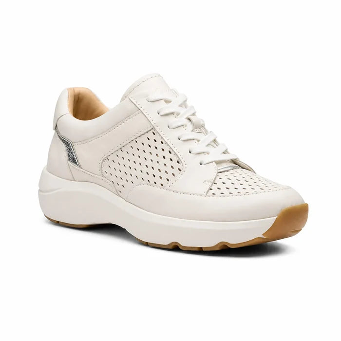 Beige leather women's sneakers with perforated panels and lace-up front
