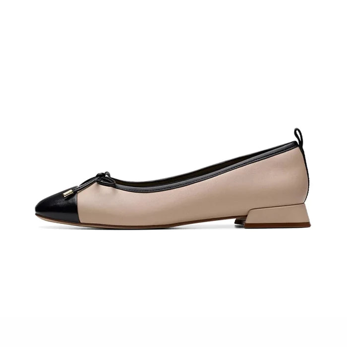 Women’s leather ballet loafers, beige with black cap toe and bow, low block heel