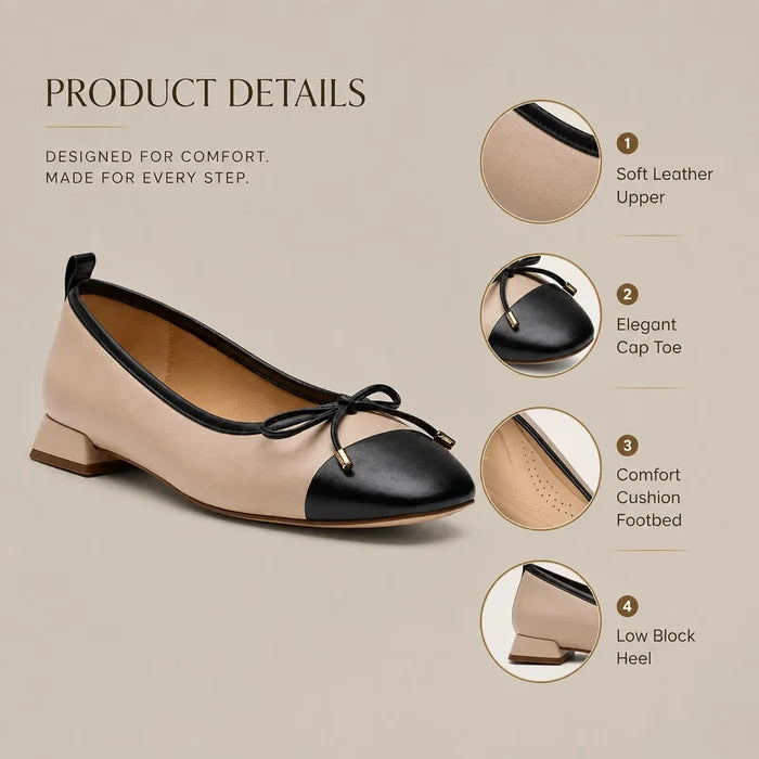 Women’s leather loafer with beige upper, black cap toe, bow tie, low block heel