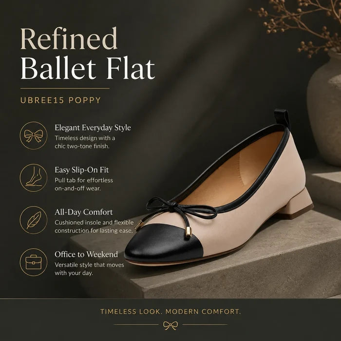 Women’s ballet flat loafers, beige with black cap toe, bow tie, low block heel