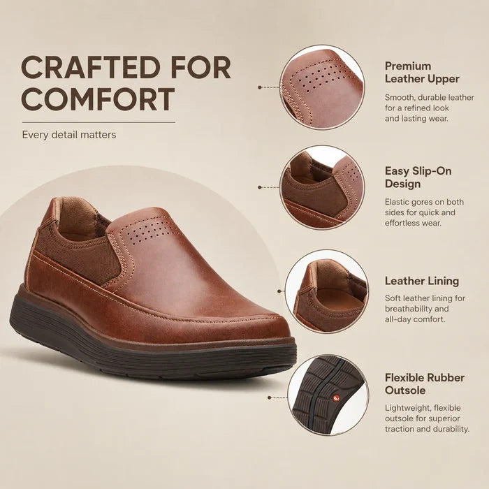 Brown leather slip-on business shoe with perforated toe panel and rubber outsole